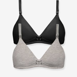 Achat 2 soutiens-gorge grossesse et allaitement rembourré en coton bio lot noir / gris chiné pas cher en promo