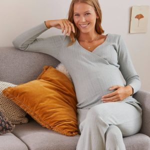 Achat Ensemble 2 pièces pyjama grossesse et allaitement gris clair uni pas cher en promo