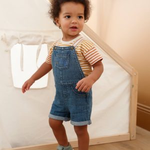 Achat Ensemble T-shirt rayé et salopette courte en denim bébé curcuma rayé pas cher en promo