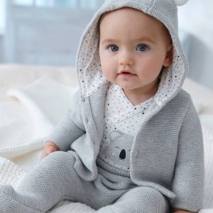 Achat Ensemble naissance 3 pièces point mousse gris clair pas cher en promo