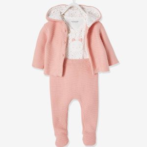Achat Ensemble naissance 3 pièces point mousse rose poudré pas cher en promo