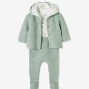 Achat Ensemble naissance 3 pièces point mousse tilleul pas cher en promo