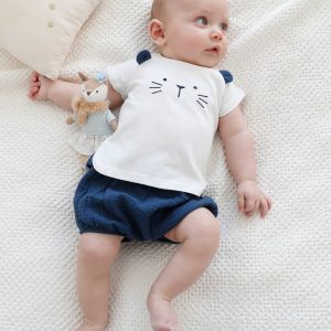 Achat Ensemble naissance T-shirt et short de cérémonie bébé bleu jean pas cher en promo