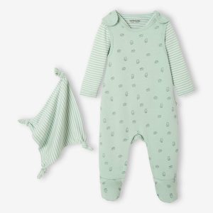 Achat Ensemble naissance combinaison + body + doudou en coton bio vert amande pas cher en promo