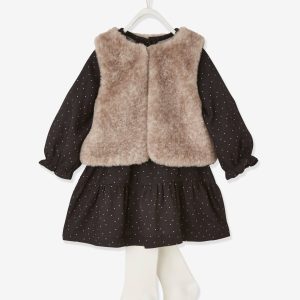 Achat Ensemble robe + gilet sans manches en fausse fourrure + collant bébé noir imprimé pas cher en promo