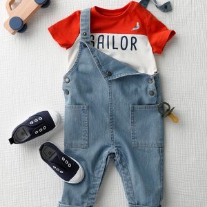 Achat Ensemble salopette en denim et T-shirt bébé denim bleached pas cher en promo