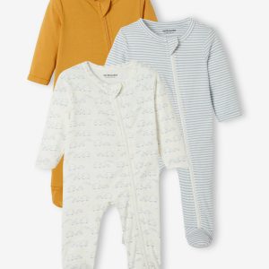 Achat Lot de 3 pyjamas bébé en jersey ouverture zippée BASICS lot moutarde pas cher en promo