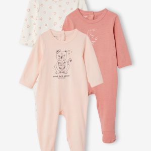 Achat Lot de 3 pyjamas en coton bébé ouverture dos lot bois de rose foncé pas cher en promo