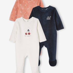 Achat Lot de 3 pyjamas en velours bébé ouverture dos BASICS lot blush foncé pas cher en promo