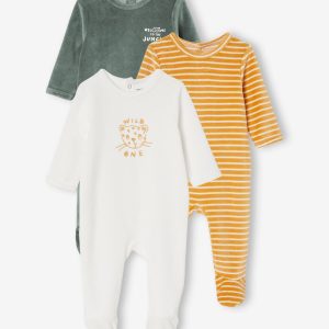 Achat Lot de 3 pyjamas en velours bébé ouverture dos BASICS lot curcuma pas cher en promo