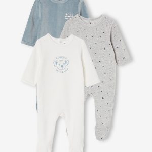 Achat Lot de 3 pyjamas en velours bébé ouverture dos BASICS lot ivoire pas cher en promo