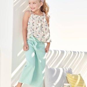 Achat Pantalon large cropped fille avec ceinture à nouer turquoise pas cher en promo