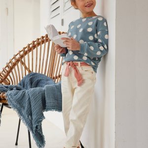 Achat Pantalon mom fit et sa ceinture en gaze de coton fille ivoire pas cher en promo
