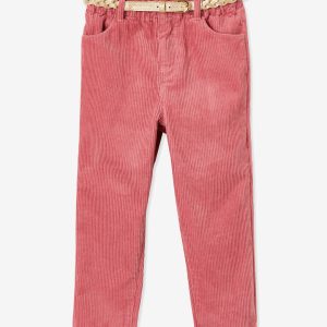 Achat Pantalon paperbag fille en velours côtelé et sa ceinture tressée irisée rose foncé pas cher en promo