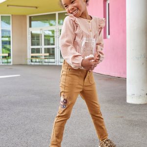 Achat Pantalon slim brodé fleurs fille taille haute caramel pas cher en promo