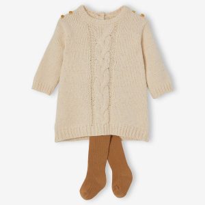Achat Robe bébé en tricot et son collant assorti beige pas cher en promo