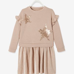 Achat Robe de fête bi-matière fille motifs en sequins rose pas cher en promo