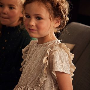 Achat Robe de fête en tissu lamé fantaisie fille beige irisé pas cher en promo
