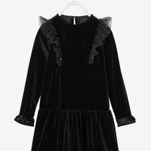 Achat Robe de fête fille en velours lisse noir pas cher en promo
