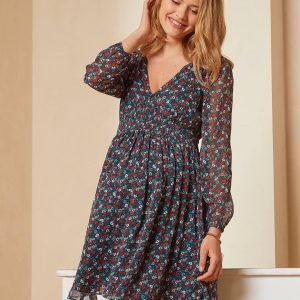 Achat Robe de grossesse et d'allaitement en crêpe imprimé vert aop pas cher en promo