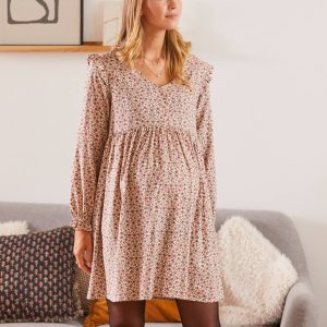 Achat Robe de grossesse imprimée et volantée beige fleuri pas cher en promo