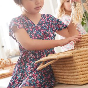 Achat Robe effet portefeuille fille bleu imprimé fleurs pas cher en promo
