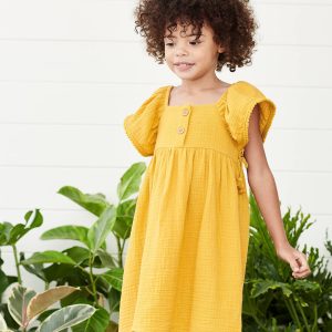 Achat Robe en gaze de coton détails fantaisie fille moutarde pas cher en promo