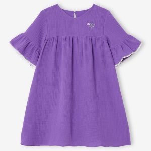 Achat Robe en gaze de coton manches volantées fille violet pas cher en promo