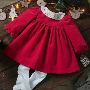 Achat Robe en velours bébé et son collant assorti rouge pas cher en promo