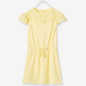 Achat Robe fille détails en broderie anglaise jaune pâle pas cher en promo