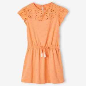 Achat Robe fille détails en broderie anglaise orange pas cher en promo