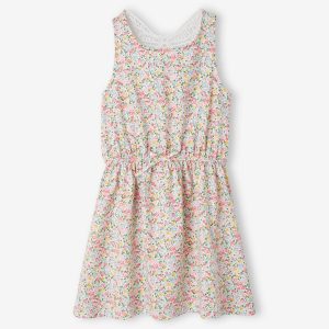 Achat Robe fille papillon en macramé au dos blanc imprimé fleurs roses pas cher en promo