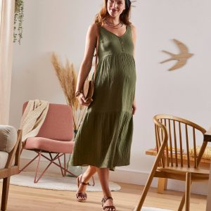 Achat Robe fines bretelles gaze de coton grossesse et allaitement vert pas cher en promo