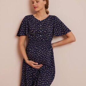 Achat Robe imprimée de grossesse détail smocké imprimé bleu pas cher en promo