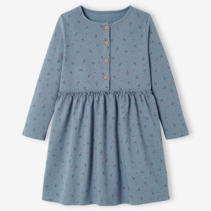 Achat Robe imprimée fille maille reliéfée bleu grisé imprimé pas cher en promo