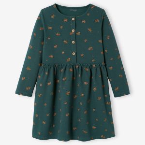 Achat Robe imprimée fille maille reliéfée vert foncé imprimé pas cher en promo