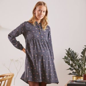 Achat Robe imprimée gaze de coton grossesse et allaitement gris avec motif pas cher en promo