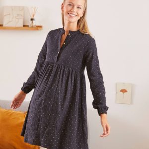 Achat Robe imprimée gaze de coton grossesse et allaitement noir à pois pas cher en promo