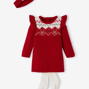 Achat Robe jacquard bébé son bandeau et collant assorti rouge pas cher en promo