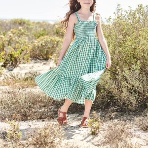 Achat Robe longue à smocks fille carreaux vert pas cher en promo