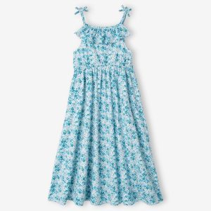 Achat Robe longue à volant motifs fleurs fille bleu imprimé pas cher en promo