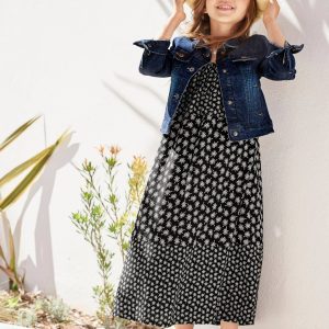 Achat Robe longue à volants noir imprimé pas cher en promo