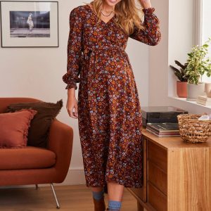 Achat Robe longue cache-coeur grossesse et allaitement bordeaux imprimé pas cher en promo