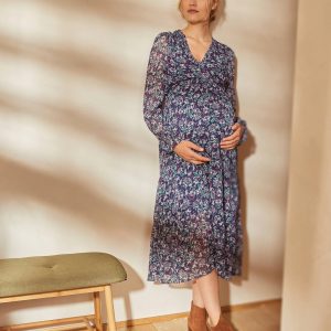 Achat Robe longue crêpe imprimé grossesse et allaitement bleu aop pas cher en promo