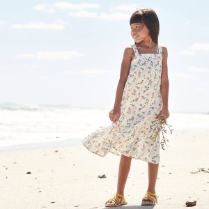Achat Robe longue en gaze de coton fille ivoire imprimé pas cher en promo