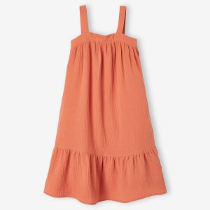 Achat Robe longue en gaze de coton fille orange pas cher en promo