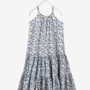 Achat Robe longue fille bleu canard clair imprimé pas cher en promo