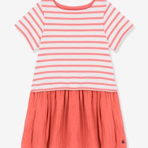 Achat Robe manches courtes en jersey et gaze de coton bio PETIT BATEAU rayé papaye pas cher en promo