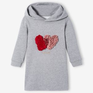 Achat Robe molleton à capuche fille détails fantaisie gris chiné pas cher en promo