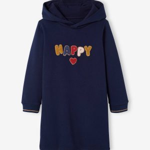Achat Robe molleton à capuche fille détails fantaisie marine pas cher en promo